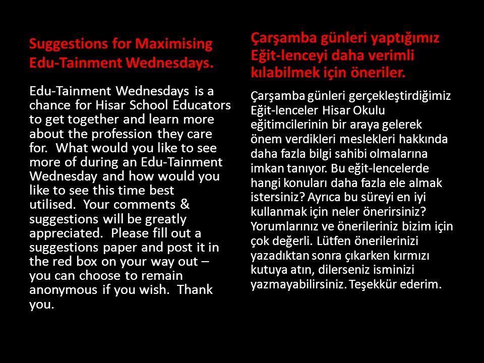 Suggestions for Maximising Edu-Tainment Wednesdays.