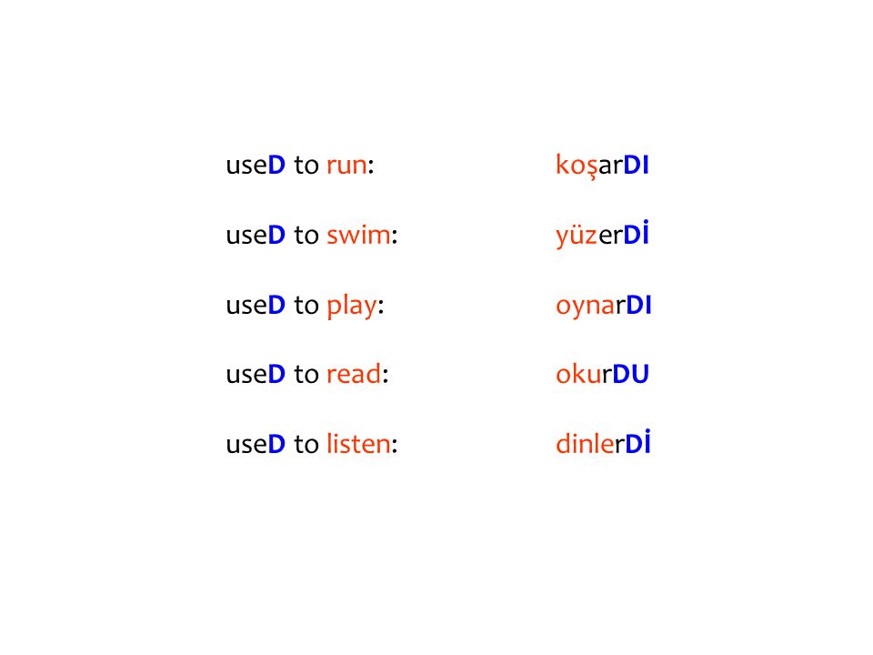 useD to run: useD to swim: useD to play: useD to read: useD to listen: koşarDI yüzerDİ oynarDI okurDU dinlerDİ