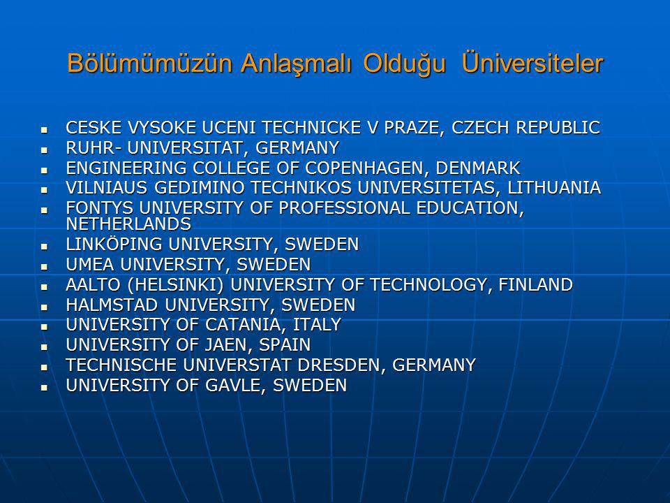 Bölümümüzün Anlaşmalı Olduğu Üniversiteler CESKE VYSOKE UCENI TECHNICKE V PRAZE, CZECH REPUBLIC CESKE VYSOKE UCENI TECHNICKE V PRAZE, CZECH REPUBLIC RUHR- UNIVERSITAT, GERMANY RUHR- UNIVERSITAT, GERMANY ENGINEERING COLLEGE OF COPENHAGEN, DENMARK ENGINEERING COLLEGE OF COPENHAGEN, DENMARK VILNIAUS GEDIMINO TECHNIKOS UNIVERSITETAS, LITHUANIA VILNIAUS GEDIMINO TECHNIKOS UNIVERSITETAS, LITHUANIA FONTYS UNIVERSITY OF PROFESSIONAL EDUCATION, NETHERLANDS FONTYS UNIVERSITY OF PROFESSIONAL EDUCATION, NETHERLANDS LINKÖPING UNIVERSITY, SWEDEN LINKÖPING UNIVERSITY, SWEDEN UMEA UNIVERSITY, SWEDEN UMEA UNIVERSITY, SWEDEN AALTO (HELSINKI) UNIVERSITY OF TECHNOLOGY, FINLAND AALTO (HELSINKI) UNIVERSITY OF TECHNOLOGY, FINLAND HALMSTAD UNIVERSITY, SWEDEN HALMSTAD UNIVERSITY, SWEDEN UNIVERSITY OF CATANIA, ITALY UNIVERSITY OF CATANIA, ITALY UNIVERSITY OF JAEN, SPAIN UNIVERSITY OF JAEN, SPAIN TECHNISCHE UNIVERSTAT DRESDEN, GERMANY TECHNISCHE UNIVERSTAT DRESDEN, GERMANY UNIVERSITY OF GAVLE, SWEDEN UNIVERSITY OF GAVLE, SWEDEN