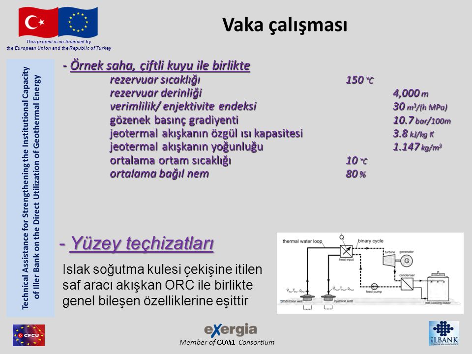 Member of Consortium This project is co-financed by the European Union and the Republic of Turkey -Örnek saha, çiftli kuyu ile birlikte - Örnek saha, çiftli kuyu ile birlikte rezervuar sıcaklığı 150 °C rezervuar derinliği 4,000 m verimlilik/ enjektivite endeksi 30 m 3 /(h MPa) gözenek basınç gradiyenti 10.7 bar / 100m jeotermal akışkanın özgül ısı kapasitesi 3.8 kJ/kg K jeotermal akışkanın yoğunluğu kg/m 3 ortalama ortam sıcaklığı 10 °C ortalama bağıl nem 80 % Islak soğutma kulesi çekişine itilen saf aracı akışkan ORC ile birlikte genel bileşen özelliklerine eşittir - Yüzey teçhizatları Vaka çalışması
