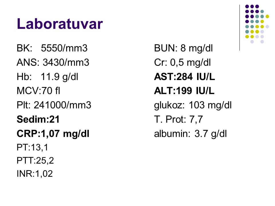 Laboratuvar BK: 5550/mm3 BUN: 8 mg/dl ANS: 3430/mm3 Cr: 0,5 mg/dl Hb: 11.9 g/dl AST:284 IU/L MCV:70 fl ALT:199 IU/L Plt: /mm3 glukoz: 103 mg/dl Sedim:21 T.