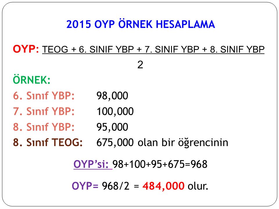 2015 OYP ÖRNEK HESAPLAMA OYP: TEOG + 6. SINIF YBP + 7.