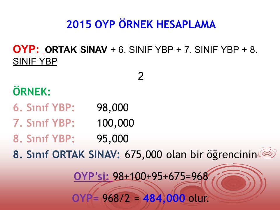 2015 OYP ÖRNEK HESAPLAMA OYP: ORTAK SINAV + 6. SINIF YBP + 7.