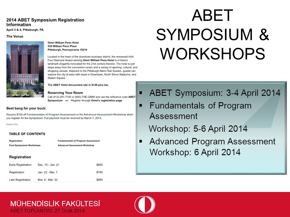 MÜHENDİSLİK FAKÜLTESİ ABET TOPLANTISI, 27 Ocak 2014 ABET SYMPOSIUM & WORKSHOPS  ABET Symposium: 3-4 April 2014  Fundamentals of Program Assessment Workshop: 5-6 April 2014  Advanced Program Assessment Workshop: 6 April 2014