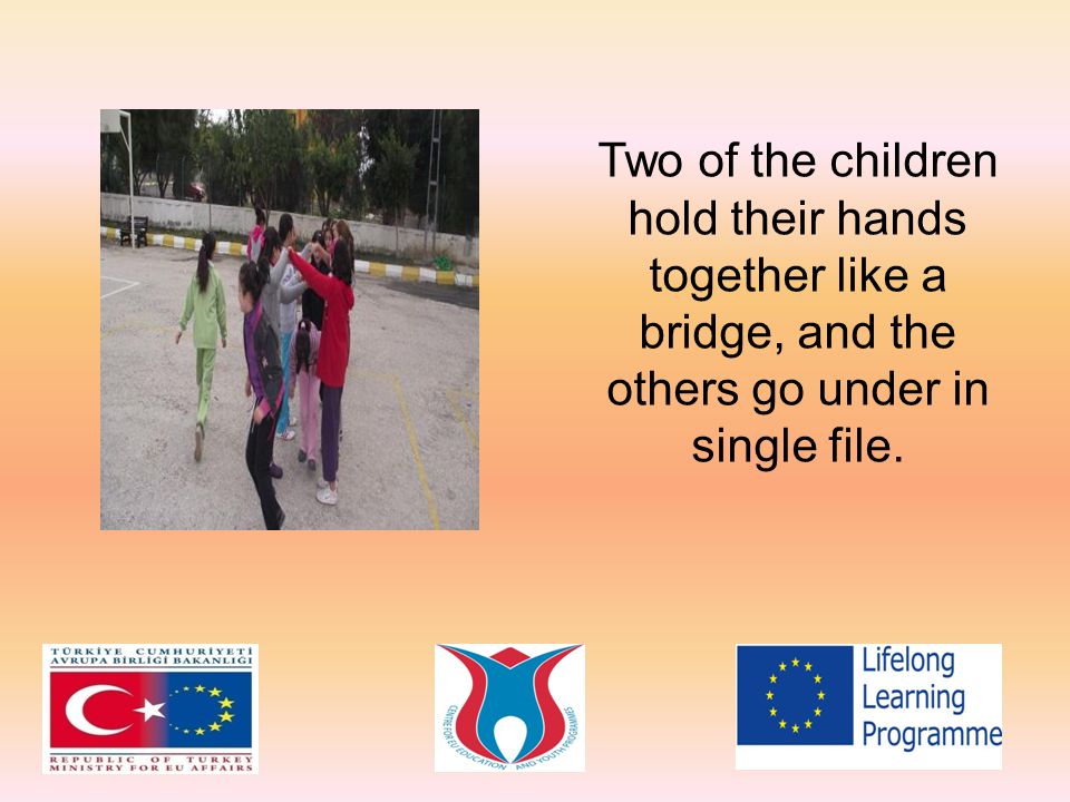 Two of the children hold their hands together like a bridge, and the others go under in single file.