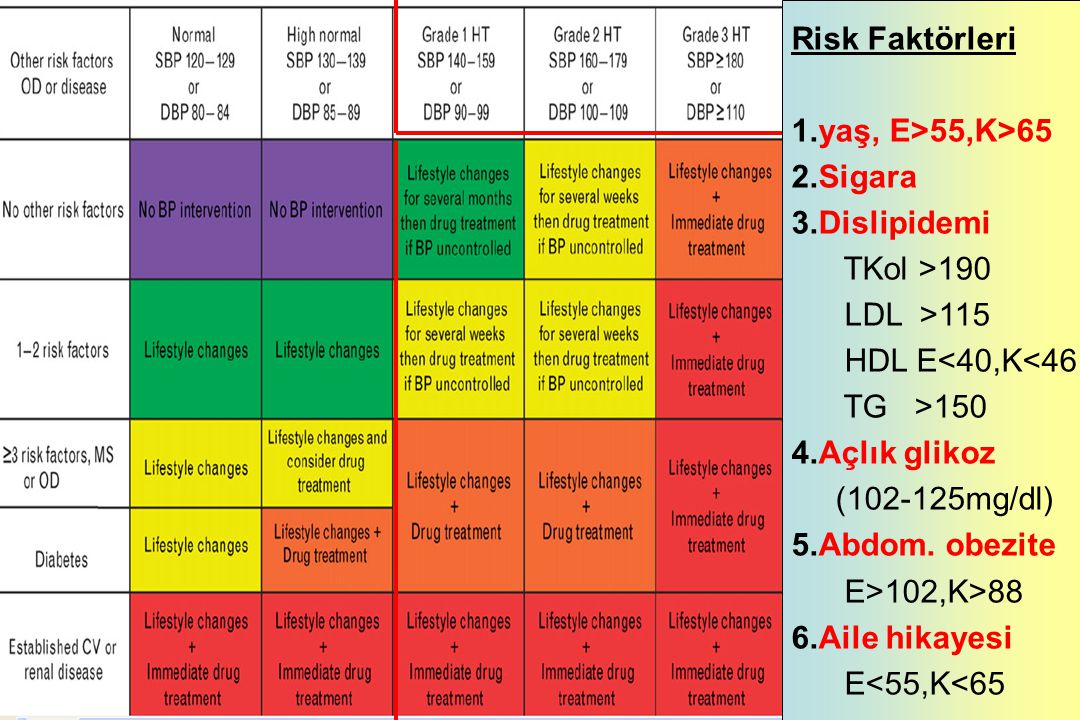 Risk Faktörleri 1.yaş, E>55,K>65 2.Sigara 3.Dislipidemi TKol >190 LDL >115 HDL E<40,K<46 TG >150 4.Açlık glikoz ( mg/dl)‏ 5.Abdom.