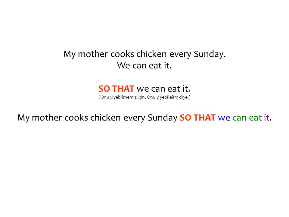 My mother cooks chicken every Sunday. We can eat it.