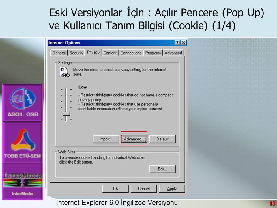 13 Internet Explorer 6.0 İngilizce Versiyonu Eski Versiyonlar İçin : Açılır Pencere (Pop Up) ve Kullanıcı Tanım Bilgisi (Cookie) (1/4)