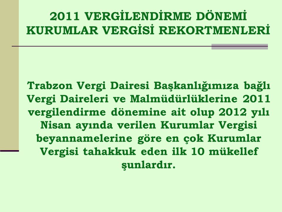 2011 VERGİLENDİRME DÖNEMİ KURUMLAR VERGİSİ REKORTMENLERİ Trabzon Vergi Dairesi Başkanlığımıza bağlı Vergi Daireleri ve Malmüdürlüklerine 2011 vergilendirme dönemine ait olup 2012 yılı Nisan ayında verilen Kurumlar Vergisi beyannamelerine göre en çok Kurumlar Vergisi tahakkuk eden ilk 10 mükellef şunlardır.