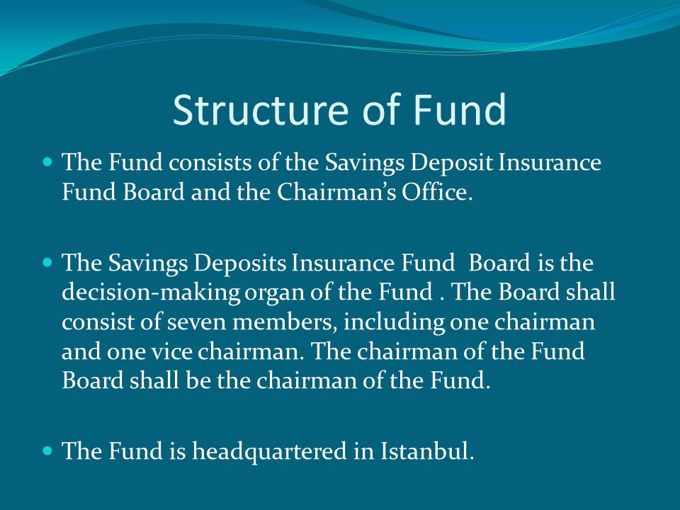 Structure of Fund  The Fund consists of the Savings Deposit Insurance Fund Board and the Chairman’s Office.