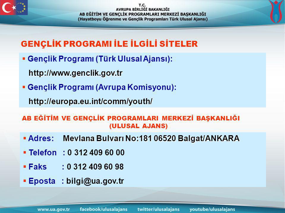 GENÇLİK PROGRAMI İLE İLGİLİ SİTELER  Gençlik Programı (Türk Ulusal Ajansı):      Gençlik Programı (Avrupa Komisyonu):   AB EĞİTİM VE GENÇLİK PROGRAMLARI MERKEZİ BAŞKANLIĞI (ULUSAL AJANS) Mevlana Bulvarı No: Balgat/ANKARA  Adres: Mevlana Bulvarı No: Balgat/ANKARA  Telefon :  Faks :  Eposta :