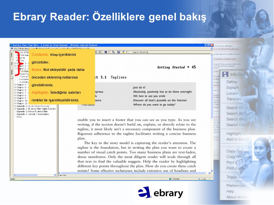 Ebrary Reader: Özelliklere genel bakış Contents; Kitap içeriklerini görüntüler.