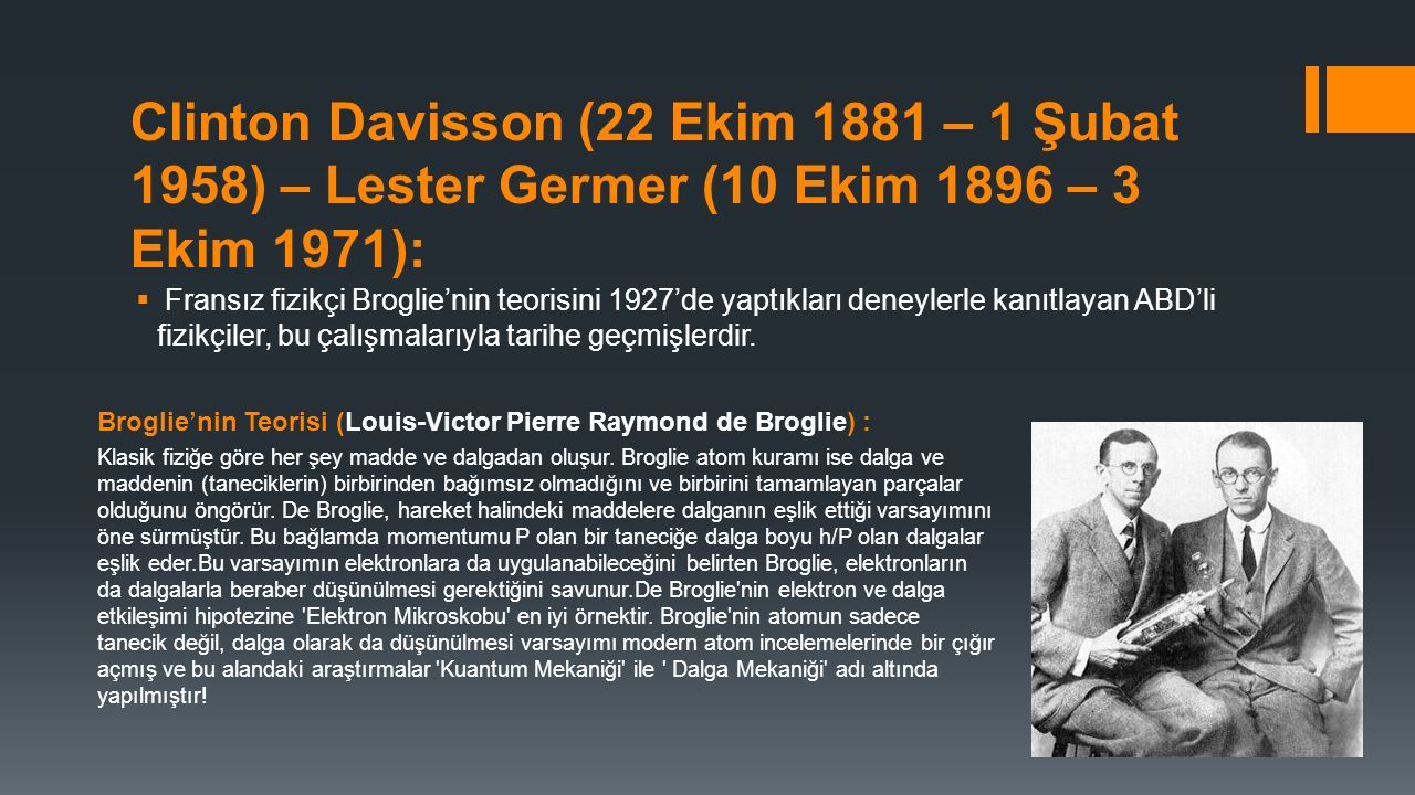 Clinton Davisson (22 Ekim 1881 – 1 Şubat 1958) – Lester Germer (10 Ekim 1896 – 3 Ekim 1971):  Fransız fizikçi Broglie’nin teorisini 1927’de yaptıkları deneylerle kanıtlayan ABD’li fizikçiler, bu çalışmalarıyla tarihe geçmişlerdir.