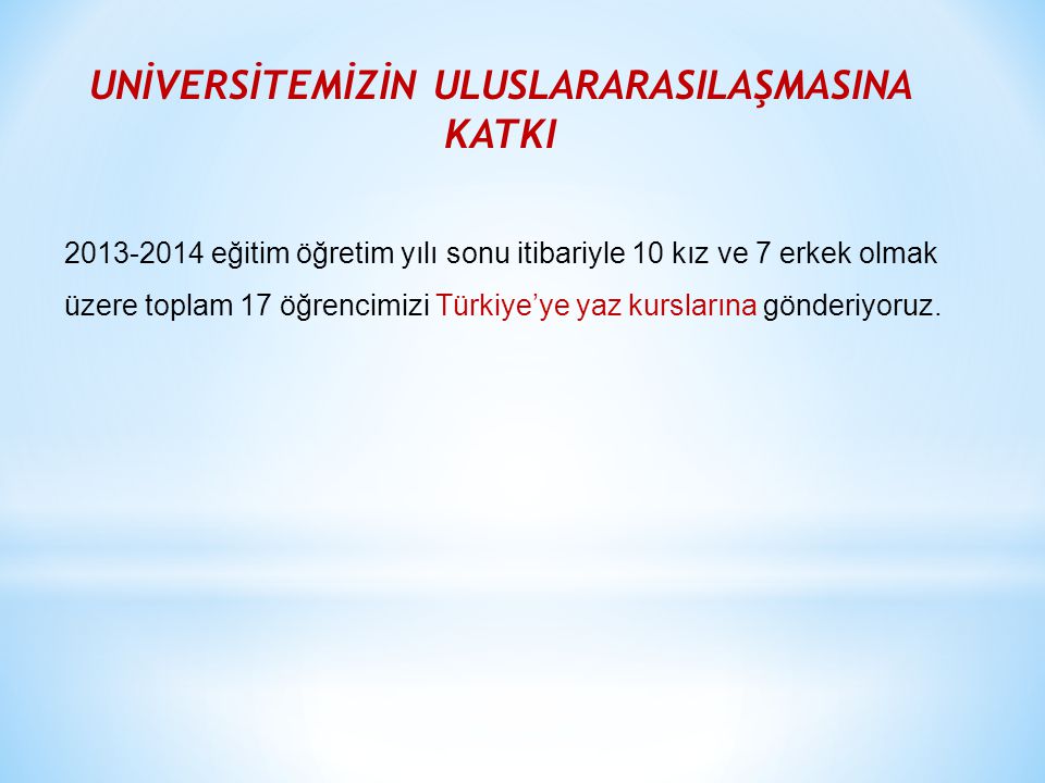 eğitim öğretim yılı sonu itibariyle 10 kız ve 7 erkek olmak üzere toplam 17 öğrencimizi Türkiye’ye yaz kurslarına gönderiyoruz.
