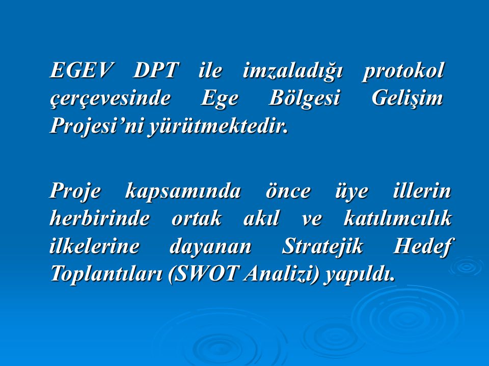 EGEV DPT ile imzaladığı protokol çerçevesinde Ege Bölgesi Gelişim Projesi’ni yürütmektedir.