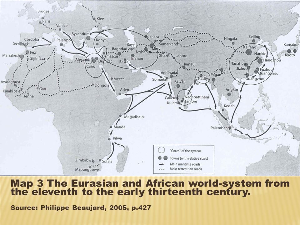 Map 3 The Eurasian and African world-system from the eleventh to the early thirteenth century.
