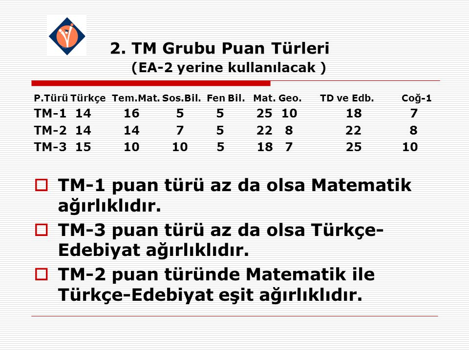 2. TM Grubu Puan Türleri (EA-2 yerine kullanılacak ) P.Türü Türkçe Tem.Mat.