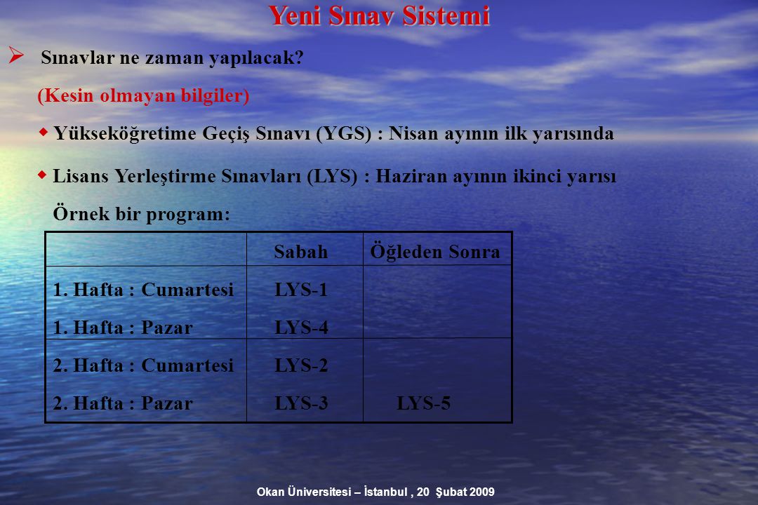 Okan Üniversitesi – İstanbul, 20 Şubat 2009 Yeni Sınav Sistemi  Sınavlar ne zaman yapılacak.