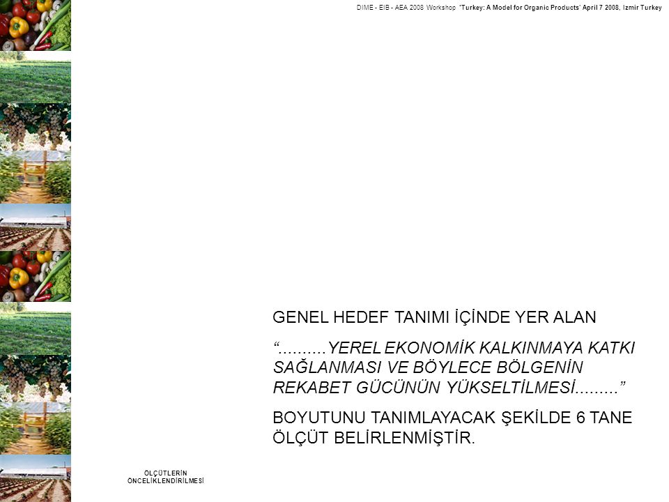 DIME - EIB - AEA 2008 Workshop ‘Turkey: A Model for Organic Products’ April , Izmir Turkey ÖLÇÜTLERİN ÖNCELİKLENDİRİLMESİ GENEL HEDEF TANIMI İÇİNDE YER ALAN YEREL EKONOMİK KALKINMAYA KATKI SAĞLANMASI VE BÖYLECE BÖLGENİN REKABET GÜCÜNÜN YÜKSELTİLMESİ BOYUTUNU TANIMLAYACAK ŞEKİLDE 6 TANE ÖLÇÜT BELİRLENMİŞTİR.