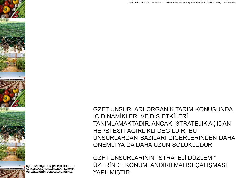 DIME - EIB - AEA 2008 Workshop ‘Turkey: A Model for Organic Products’ April , Izmir Turkey GZFT UNSURLARI ORGANİK TARIM KONUSUNDA İÇ DİNAMİKLERİ VE DIŞ ETKİLERİ TANIMLAMAKTADIR.
