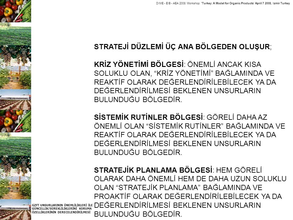 DIME - EIB - AEA 2008 Workshop ‘Turkey: A Model for Organic Products’ April , Izmir Turkey GZFT UNSURLARININ ÖNEMLİLİKLERİ İLE GÜNCELLİK/SÜREKLİLİKLERİNİ KORUMA ÖZELLİKLERİNİN DERECELENDİRİLMESİ STRATEJİ DÜZLEMİ ÜÇ ANA BÖLGEDEN OLUŞUR; KRİZ YÖNETİMİ BÖLGESİ: ÖNEMLİ ANCAK KISA SOLUKLU OLAN, KRİZ YÖNETİMİ BAĞLAMINDA VE REAKTİF OLARAK DEĞERLENDİRİLEBİLECEK YA DA DEĞERLENDİRİLMESİ BEKLENEN UNSURLARIN BULUNDUĞU BÖLGEDİR.