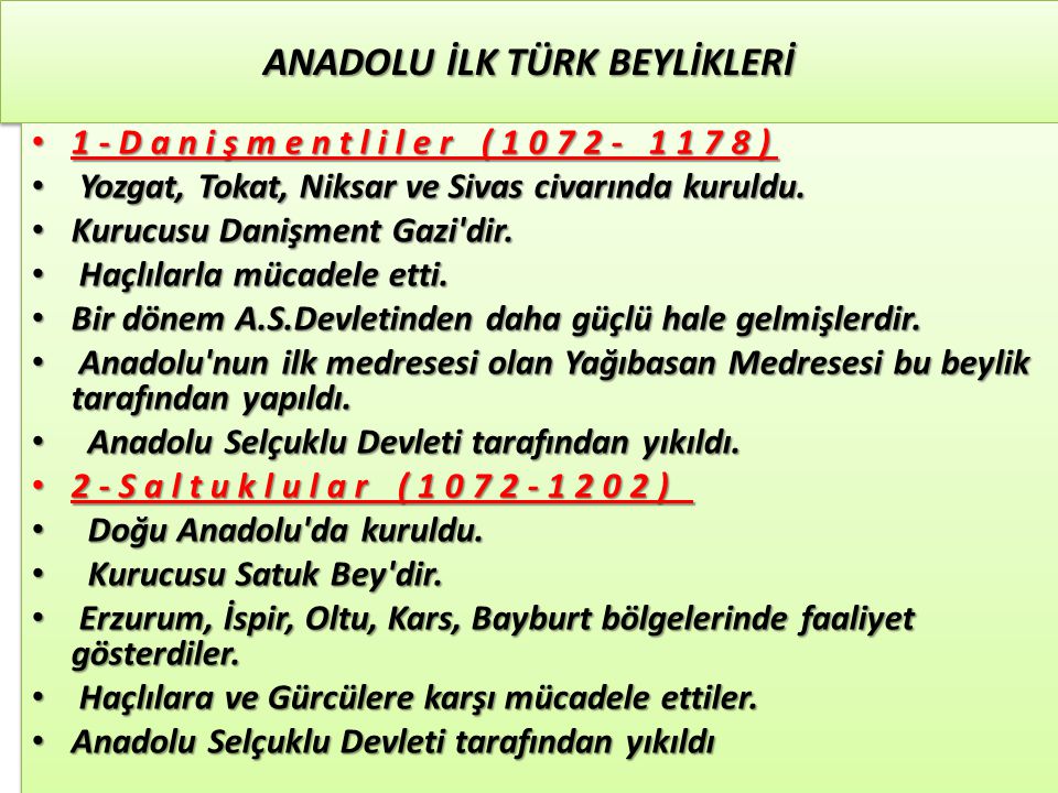 ANADOLU İLK TÜRK BEYLİKLERİ 1-Danişmentliler ( ) 1-Danişmentliler ( ) Yozgat, Tokat, Niksar ve Sivas civarında kuruldu.