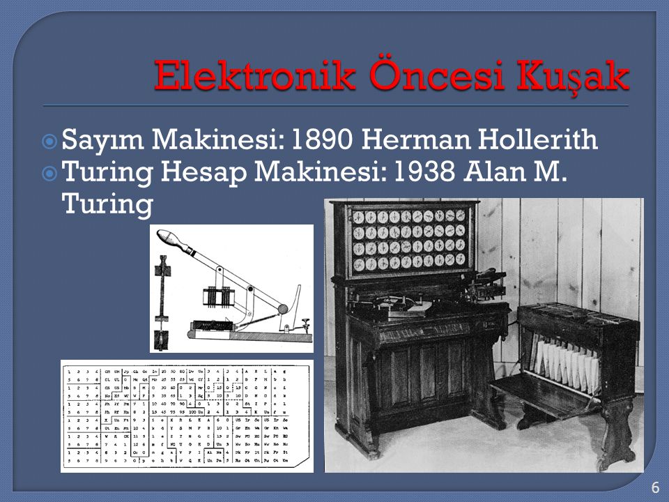  Sayım Makinesi: 1890 Herman Hollerith  Turing Hesap Makinesi: 1938 Alan M. Turing 6