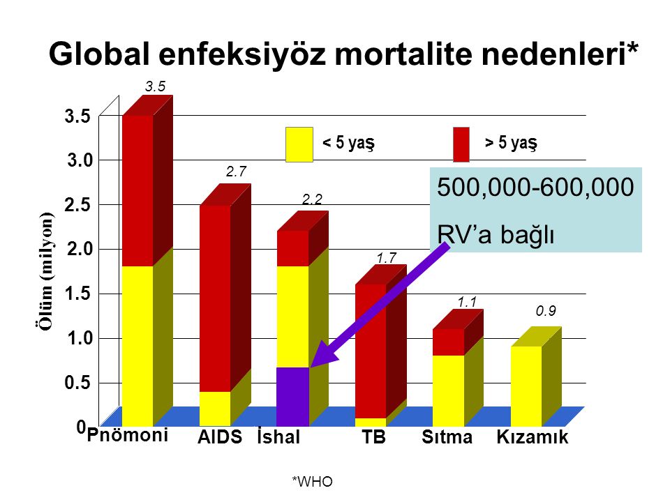 Global enfeksiyöz mortalite nedenleri* Ölüm (milyon) < 5 ya ş > 5 ya ş Pnömoni AIDSİshalTBSıtmaKızamık , ,000 RV’a bağlı *WHO