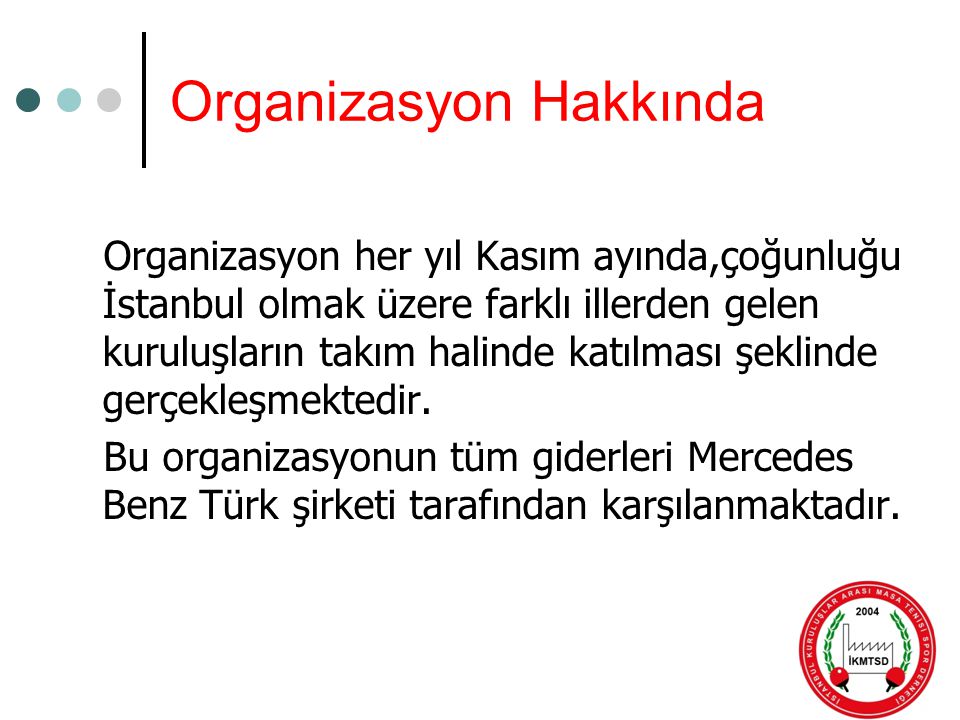 Organizasyon Hakkında Organizasyon her yıl Kasım ayında,çoğunluğu İstanbul olmak üzere farklı illerden gelen kuruluşların takım halinde katılması şeklinde gerçekleşmektedir.