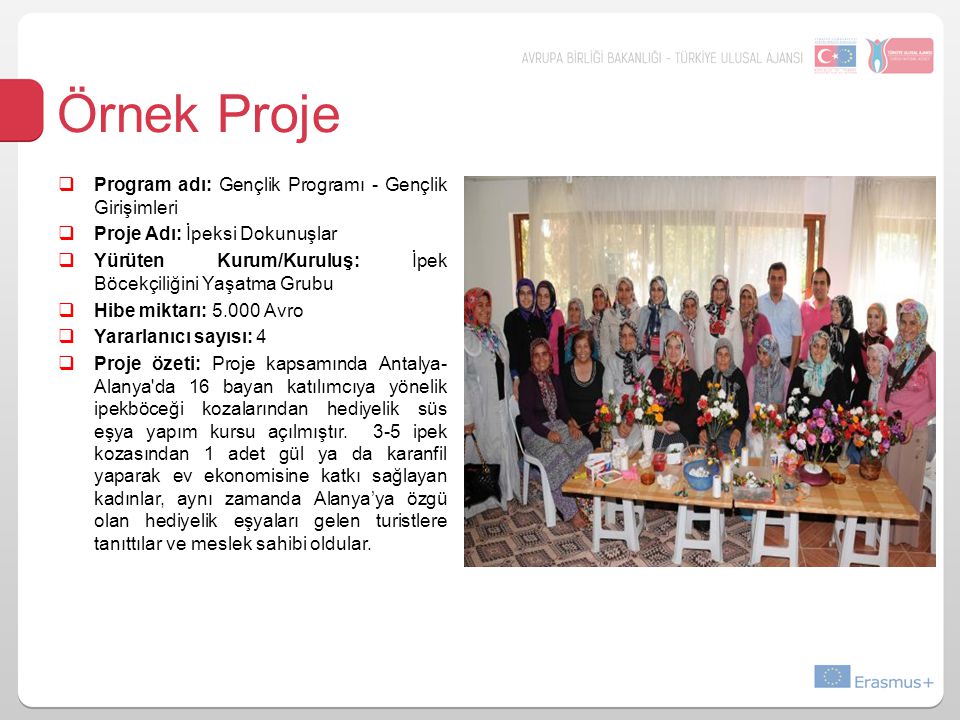 Örnek Proje  Program adı: Gençlik Programı - Gençlik Girişimleri  Proje Adı: İpeksi Dokunuşlar  Yürüten Kurum/Kuruluş: İpek Böcekçiliğini Yaşatma Grubu  Hibe miktarı: Avro  Yararlanıcı sayısı: 4  Proje özeti: Proje kapsamında Antalya- Alanya da 16 bayan katılımcıya yönelik ipekböceği kozalarından hediyelik süs eşya yapım kursu açılmıştır.