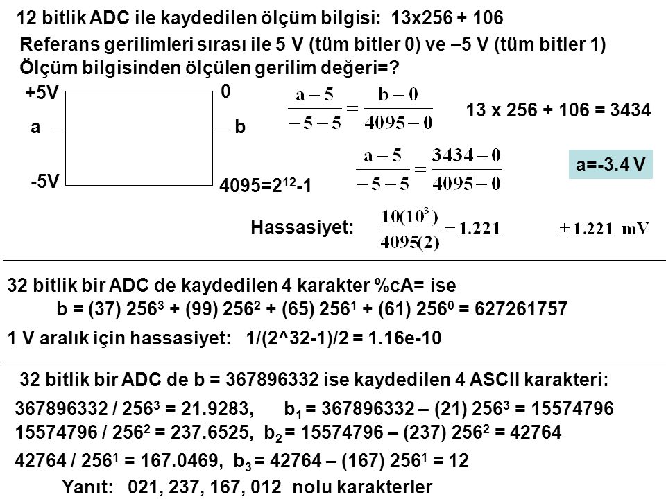 12 bitlik ADC ile kaydedilen ölçüm bilgisi: 13x Referans gerilimleri sırası ile 5 V (tüm bitler 0) ve –5 V (tüm bitler 1) Ölçüm bilgisinden ölçülen gerilim değeri=.
