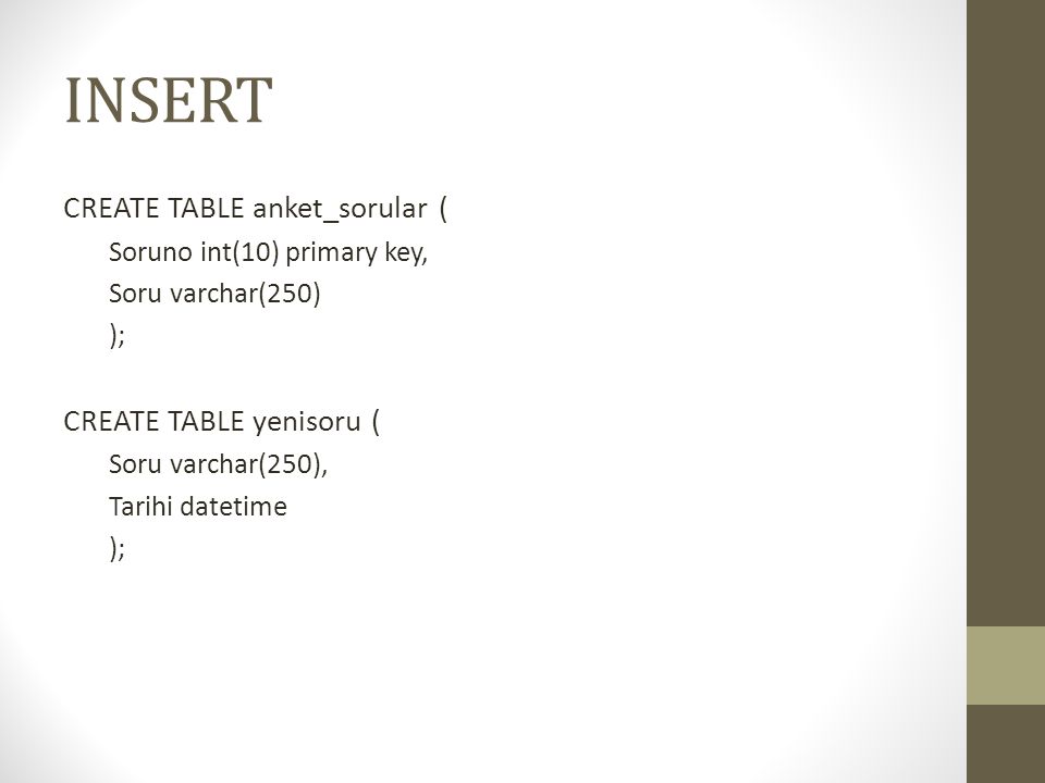 INSERT CREATE TABLE anket_sorular ( Soruno int(10) primary key, Soru varchar(250) ); CREATE TABLE yenisoru ( Soru varchar(250), Tarihi datetime );