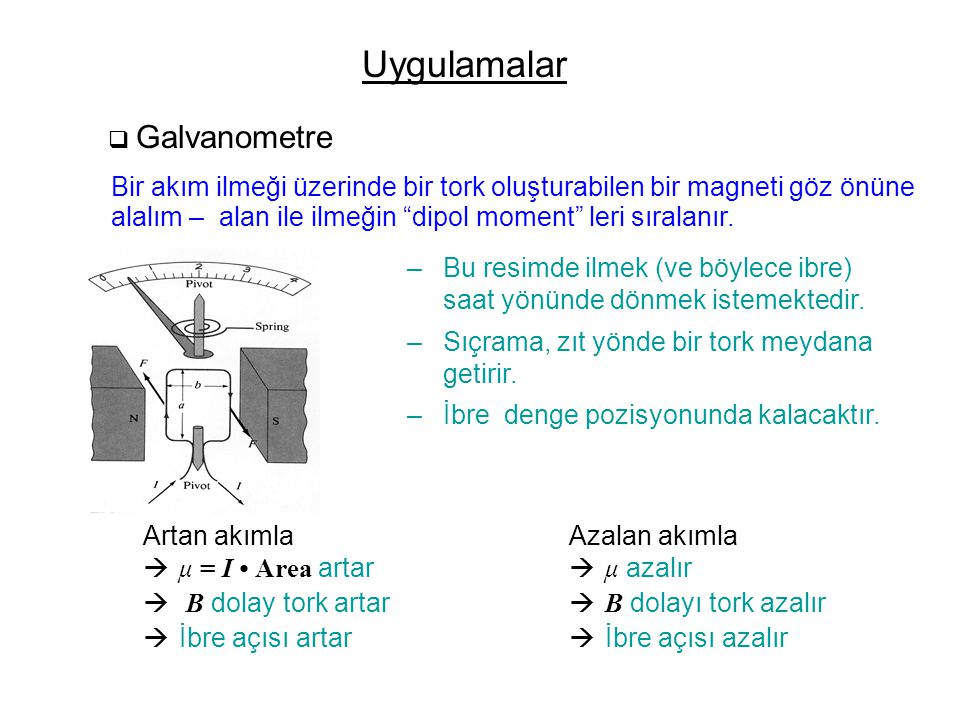 Uygulamalar  Galvanometre Bir akım ilmeği üzerinde bir tork oluşturabilen bir magneti göz önüne alalım – alan ile ilmeğin dipol moment leri sıralanır.