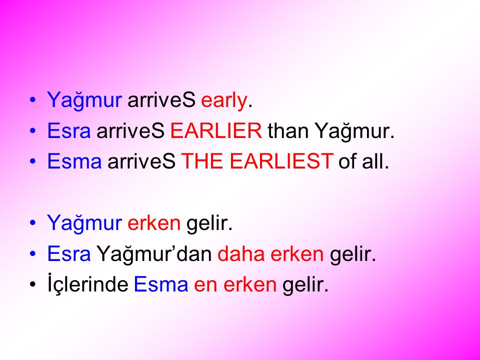 Yağmur arriveS early. Esra arriveS EARLIER than Yağmur.