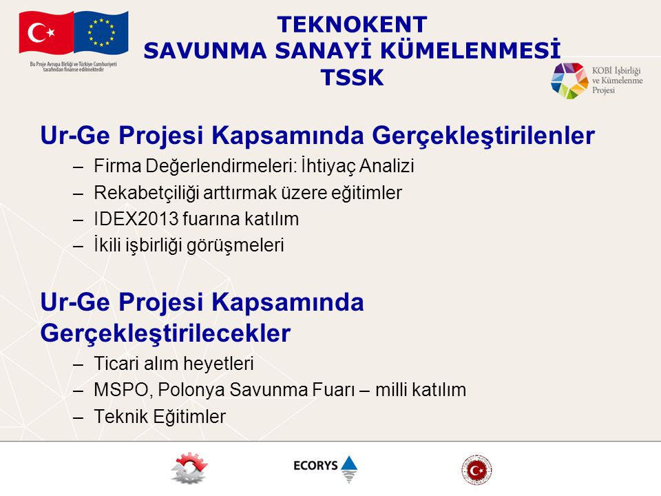 TEKNOKENT SAVUNMA SANAYİ KÜMELENMESİ TSSK Ur-Ge Projesi Kapsamında Gerçekleştirilenler –Firma Değerlendirmeleri: İhtiyaç Analizi –Rekabetçiliği arttırmak üzere eğitimler –IDEX2013 fuarına katılım –İkili işbirliği görüşmeleri Ur-Ge Projesi Kapsamında Gerçekleştirilecekler –Ticari alım heyetleri –MSPO, Polonya Savunma Fuarı – milli katılım –Teknik Eğitimler