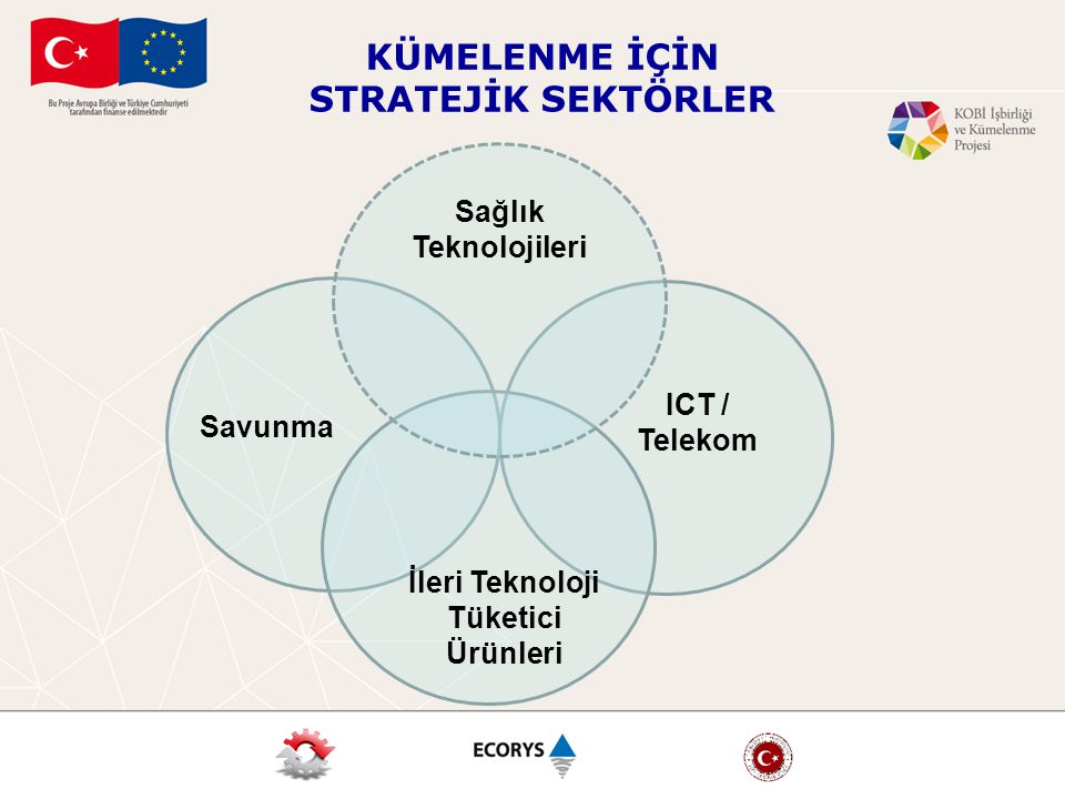 KÜMELENME İÇİN STRATEJİK SEKTÖRLER Savunma ICT / Telekom İleri Teknoloji Tüketici Ürünleri Sağlık Teknolojileri
