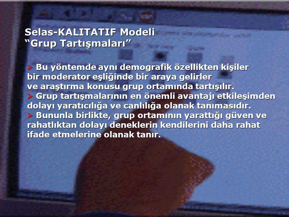 Selas-KALITATIF Modeli Grup Tartışmaları  Bu yöntemde aynı demografik özellikten kişiler bir moderator eşliğinde bir araya gelirler ve araştırma konusu grup ortamında tartışılır.