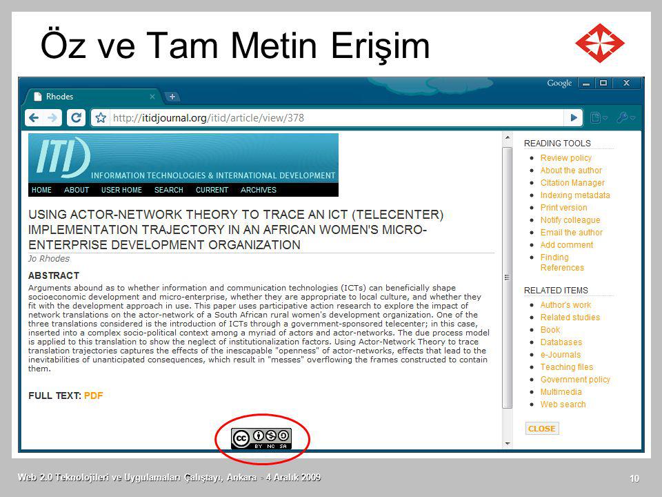 Öz ve Tam Metin Erişim Web 2.0 Teknolojileri ve Uygulamaları Çalıştayı, Ankara - 4 Aralık