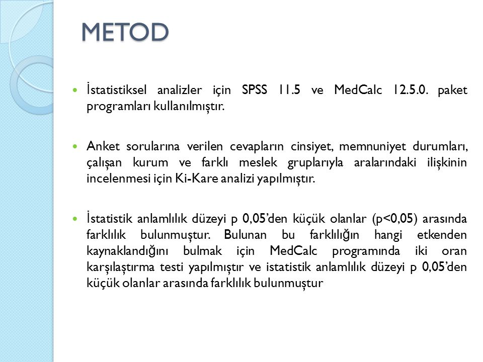 METOD İ statistiksel analizler için SPSS 11.5 ve MedCalc