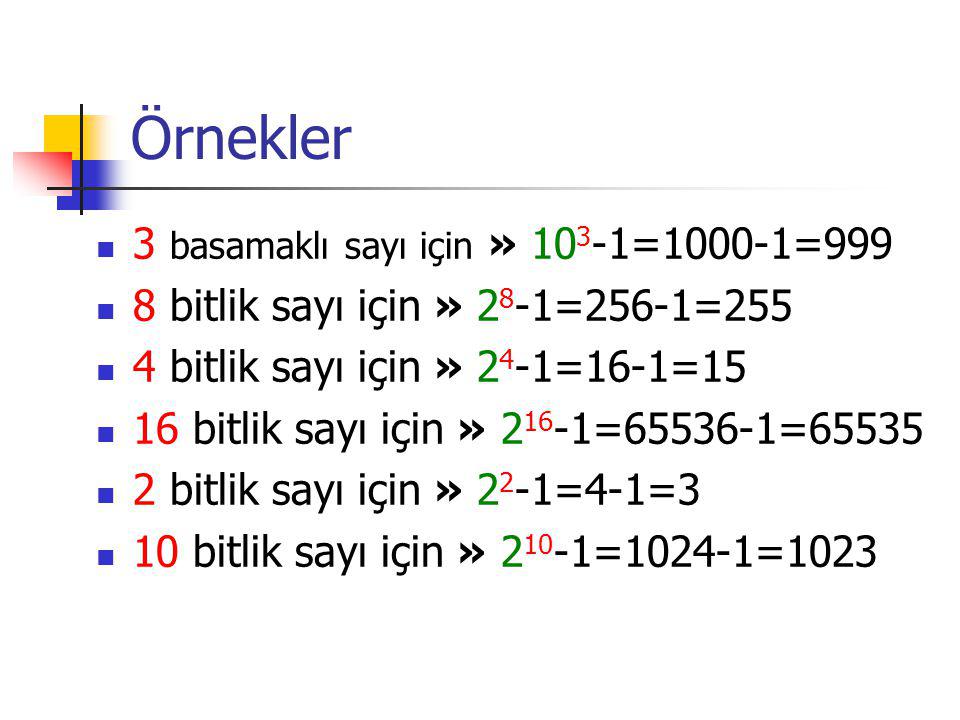 Örnekler 3 basamaklı sayı için » =1000-1=999 8 bitlik sayı için » =256-1=255 4 bitlik sayı için » =16-1=15 16 bitlik sayı için » = = bitlik sayı için » =4-1=3 10 bitlik sayı için » =1024-1=1023