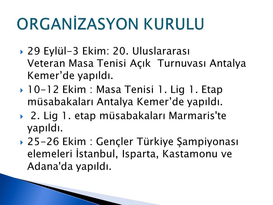  29 Eylül-3 Ekim: 20. Uluslararası Veteran Masa Tenisi Açık Turnuvası Antalya Kemer’de yapıldı.