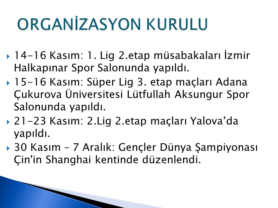  Kasım: 1. Lig 2.etap müsabakaları İzmir Halkapınar Spor Salonunda yapıldı.