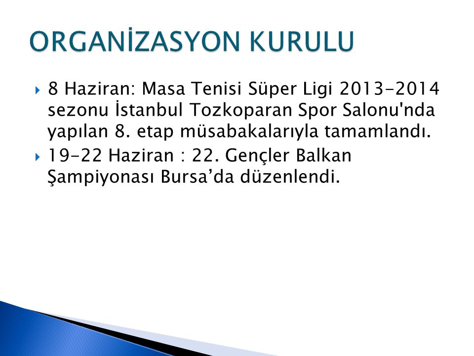  8 Haziran: Masa Tenisi Süper Ligi sezonu İstanbul Tozkoparan Spor Salonu nda yapılan 8.