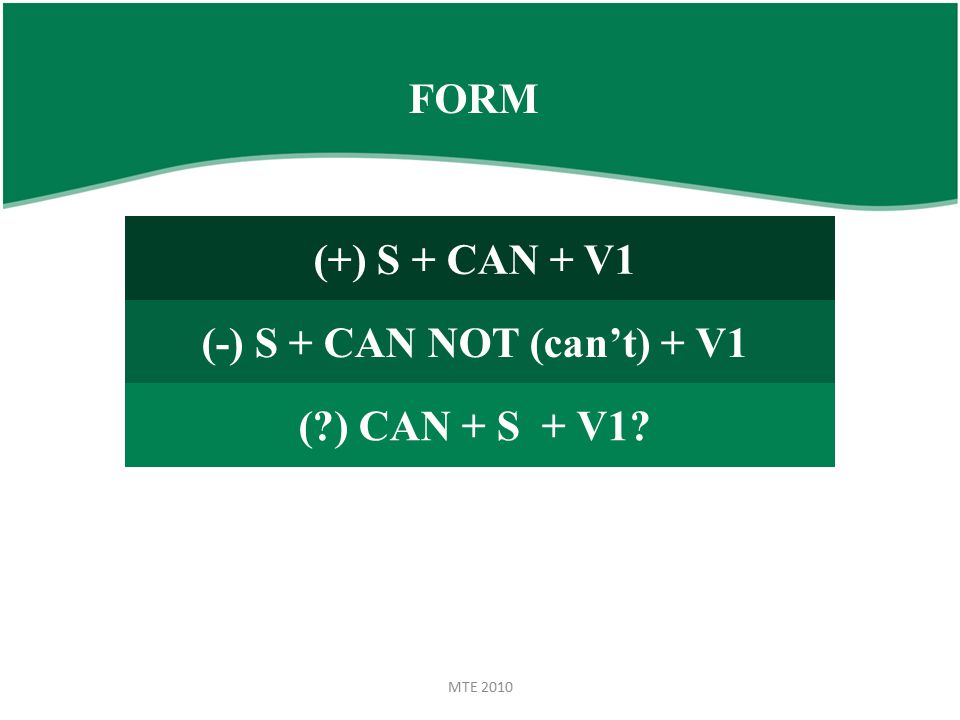 MTE 2010 FORM (+) S + CAN + V1 (-) S + CAN NOT (can’t) + V1 ( ) CAN + S + V1
