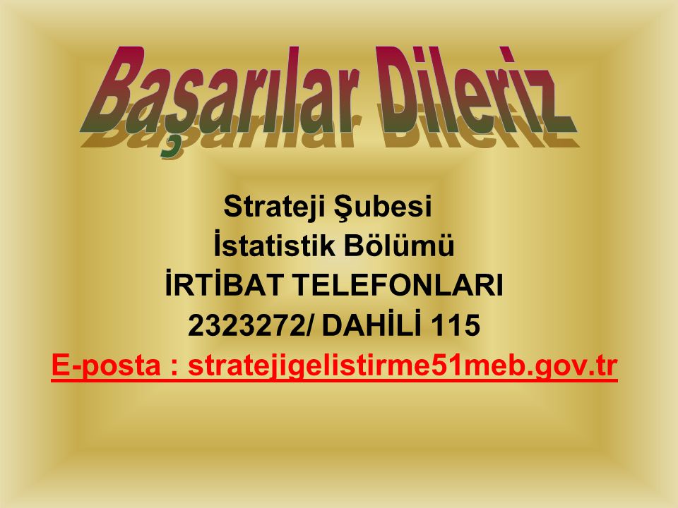 Strateji Şubesi İstatistik Bölümü İRTİBAT TELEFONLARI / DAHİLİ 115 E-posta : stratejigelistirme51meb.gov.tr