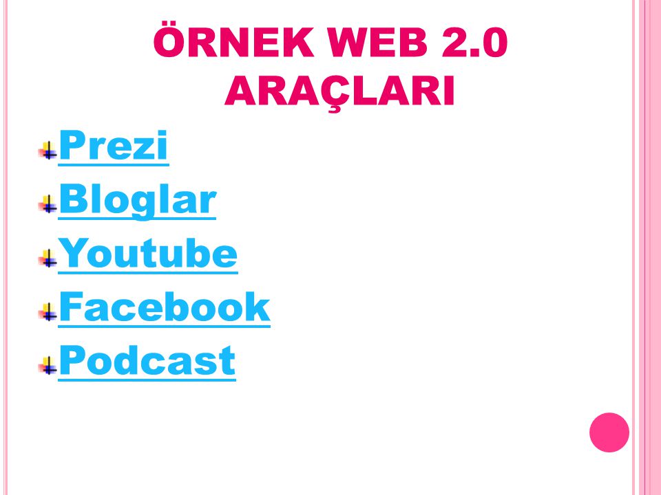 ÖRNEK WEB 2.0 ARAÇLARI Prezi Bloglar Youtube Facebook Podcast