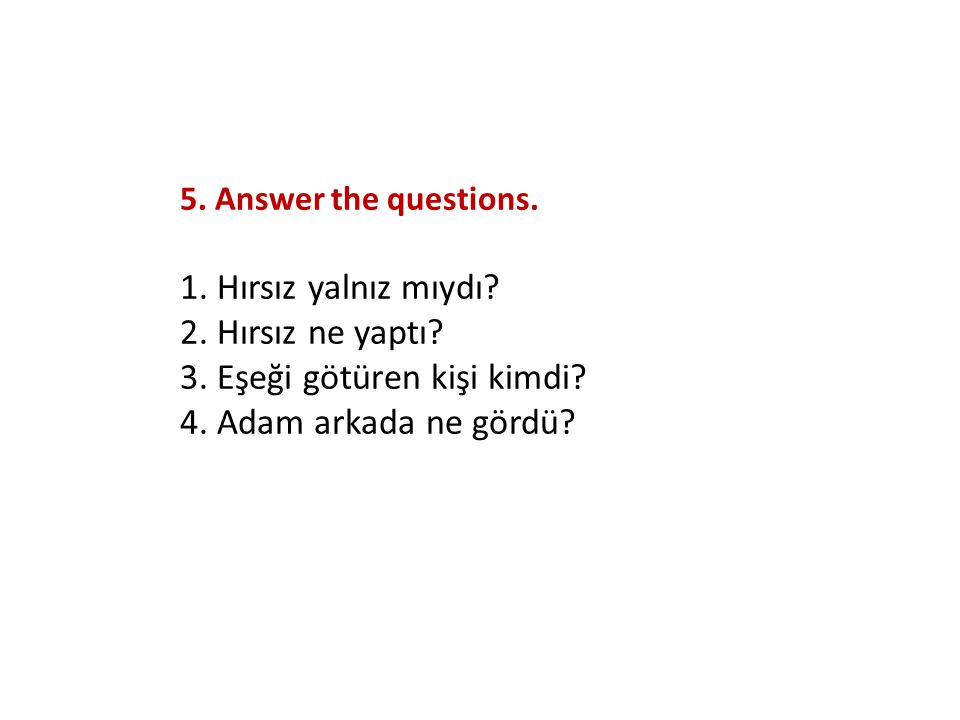 5. Answer the questions. 1. Hırsız yalnız mıydı.