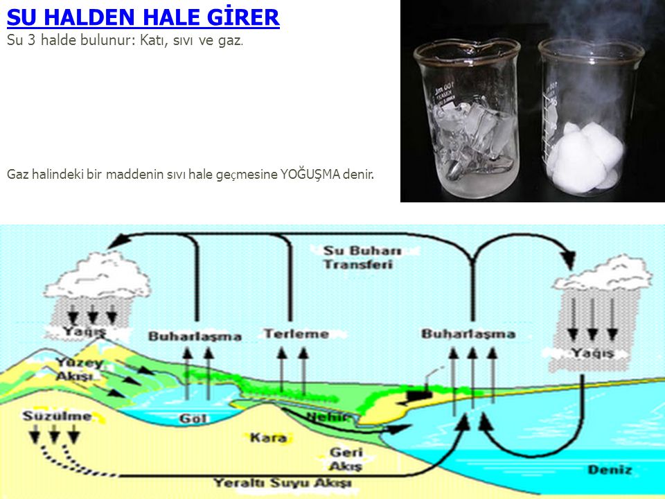 SU HALDEN HALE GİRER Su 3 halde bulunur: Katı, sıvı ve gaz.