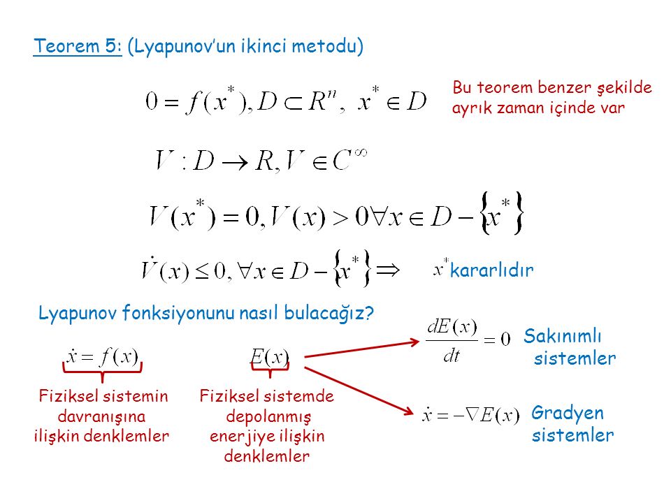 Teorem 5: (Lyapunov’un ikinci metodu) kararlıdır Bu teorem benzer şekilde ayrık zaman içinde var Lyapunov fonksiyonunu nasıl bulacağız.