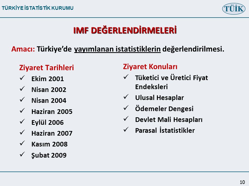 TÜRKİYE İSTATİSTİK KURUMU 10 IMF DEĞERLENDİRMELERİ Ziyaret Tarihleri Ekim 2001 Nisan 2002 Nisan 2004 Haziran 2005 Eylül 2006 Haziran 2007 Kasım 2008 Şubat 2009 Ziyaret Konuları Tüketici ve Üretici Fiyat Endeksleri Ulusal Hesaplar Ödemeler Dengesi Devlet Mali Hesapları Parasal İstatistikler Amacı: Türkiye’de yayımlanan istatistiklerin değerlendirilmesi.